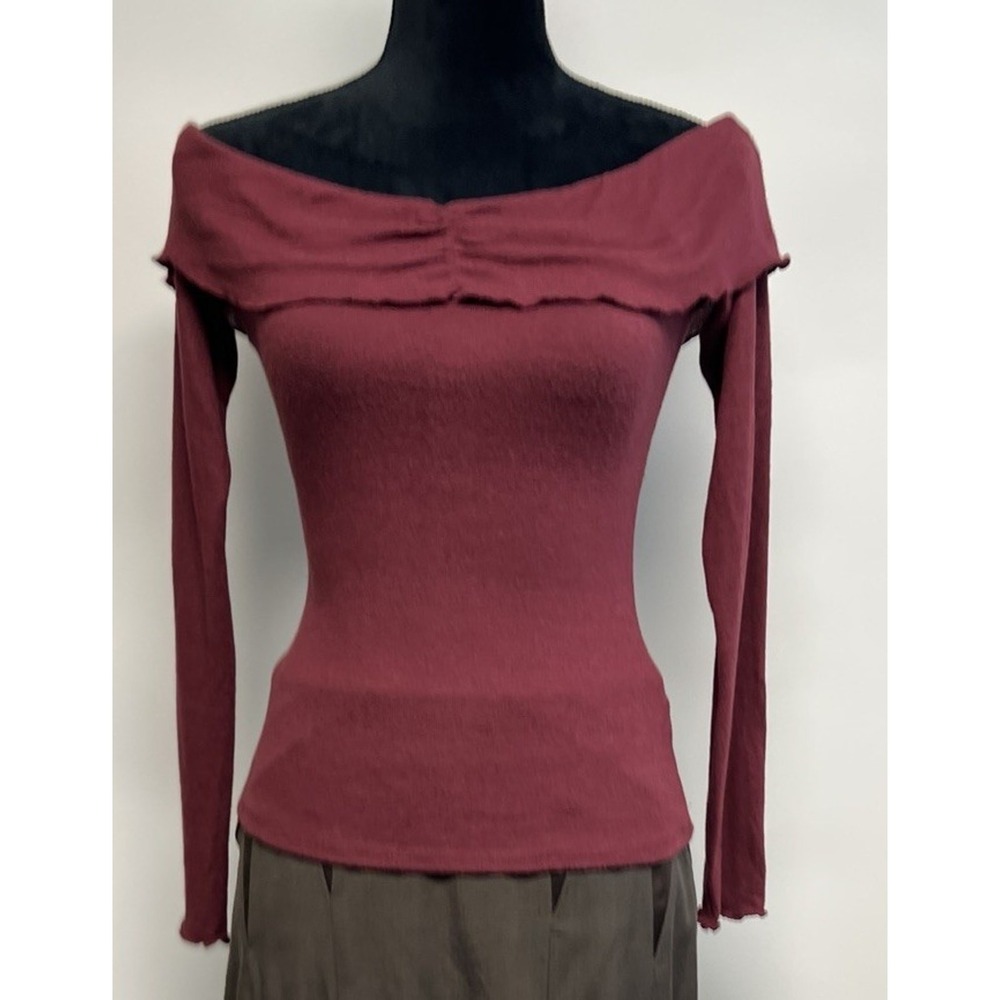 Y2K Fitted Off The Shoulders Ruffle Hem Burgundy Medium Preppy Grunge Whimsigoth